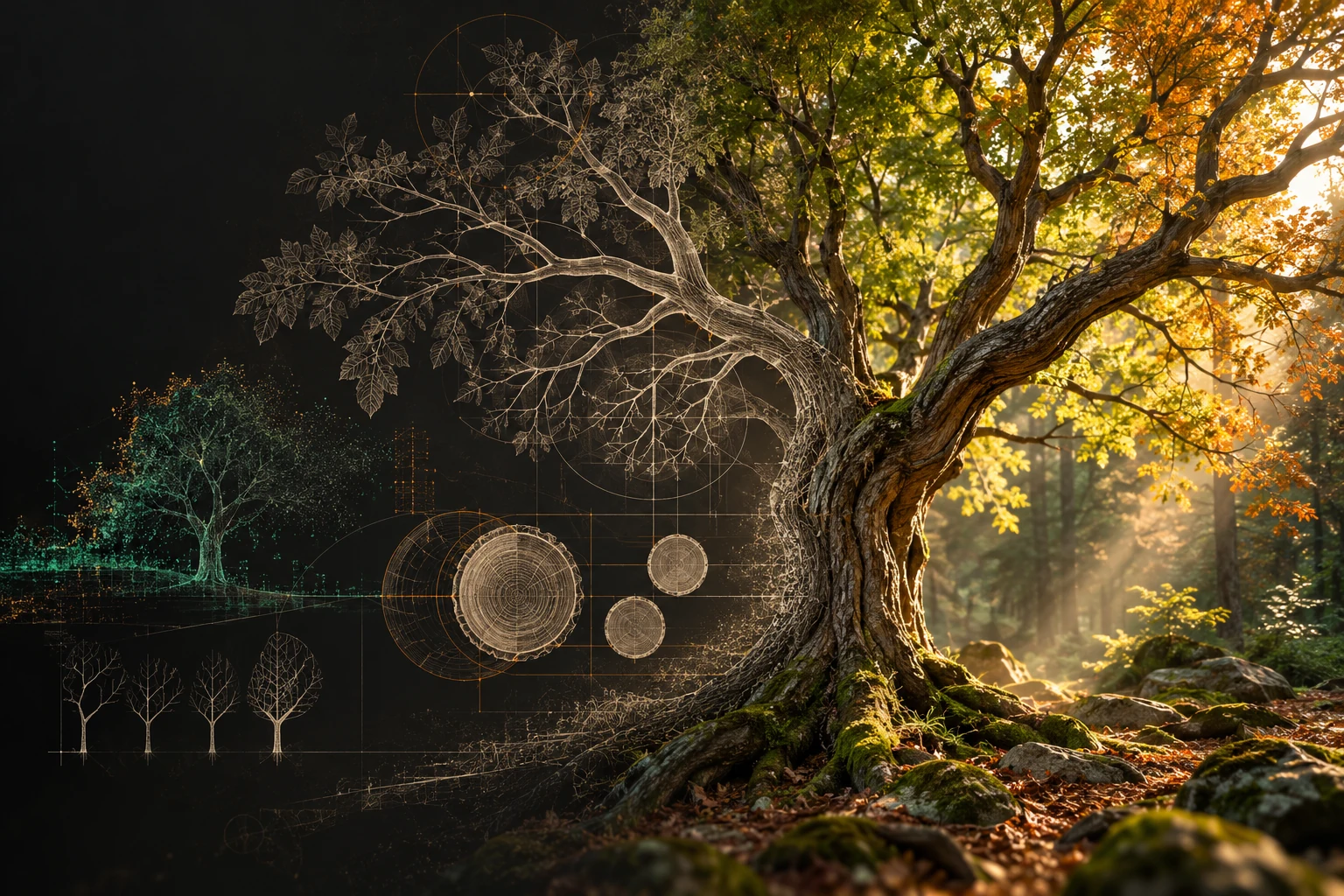 Illustration contemporaine générée par IA : rencontre entre les études de Léonard et la science des arbres